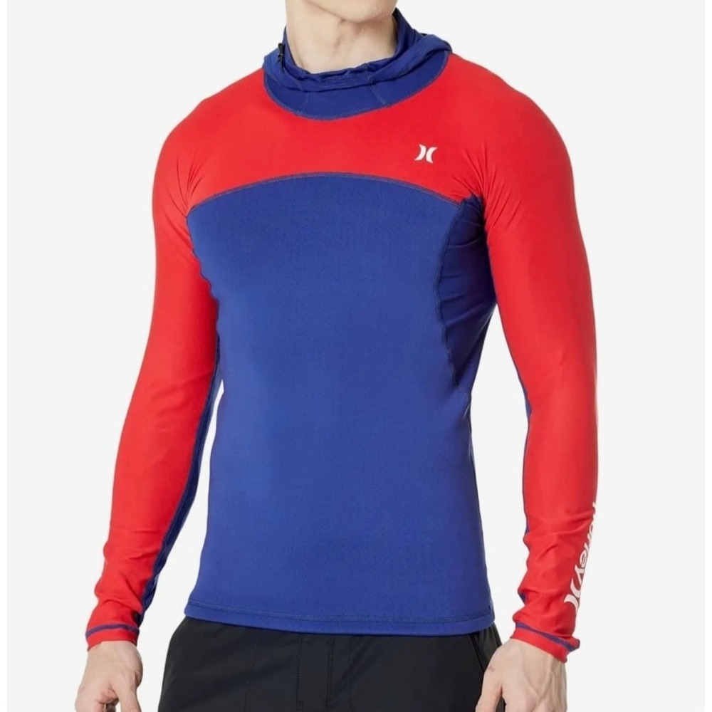Hurley Wetsuit Top Mens L Blue Red Kai Lenny Paddle Series Hooded Neoprene Surf
